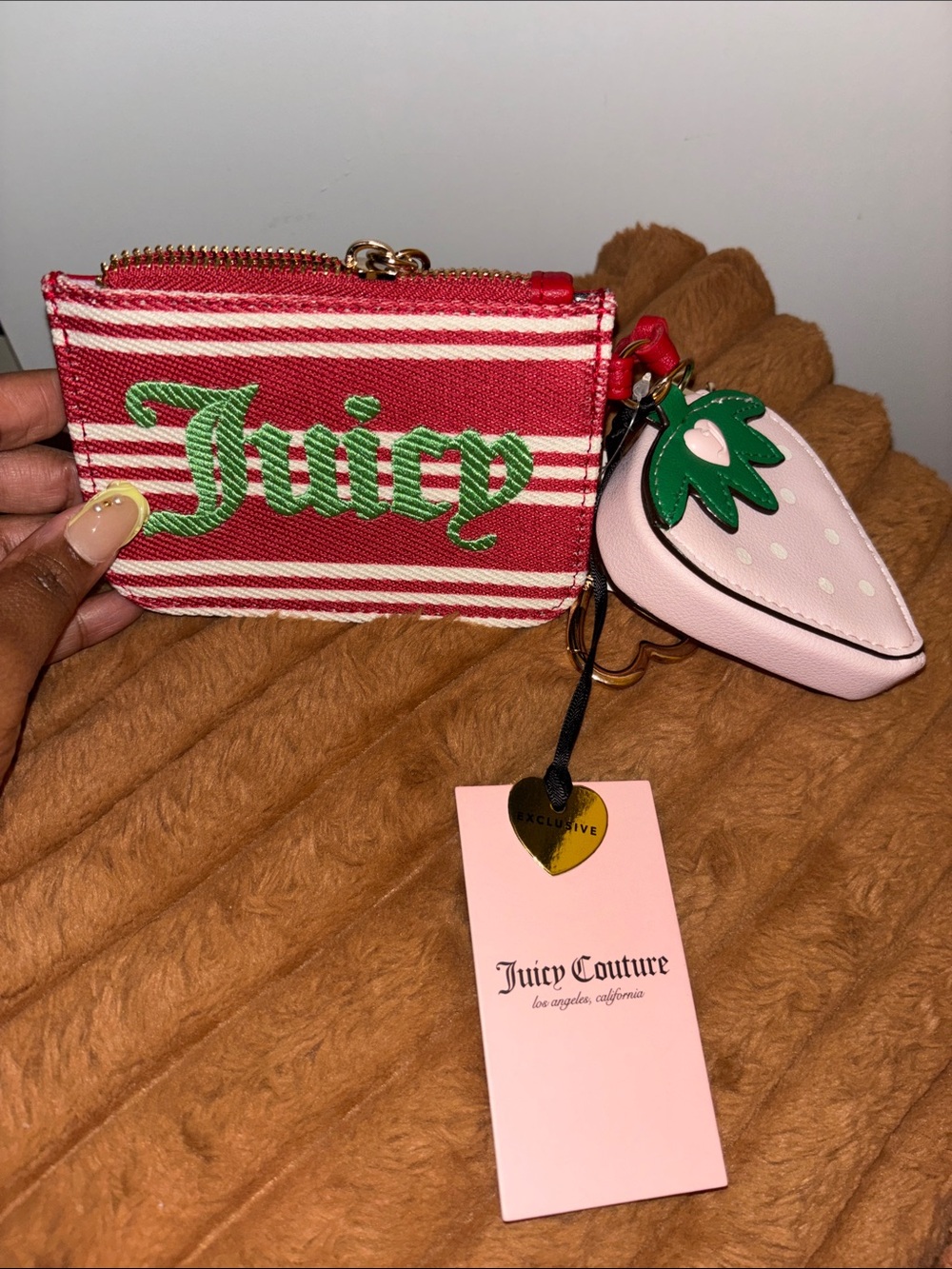 Juicy Couture Red and White Striped Card Case with Pink Strawberry Charm
